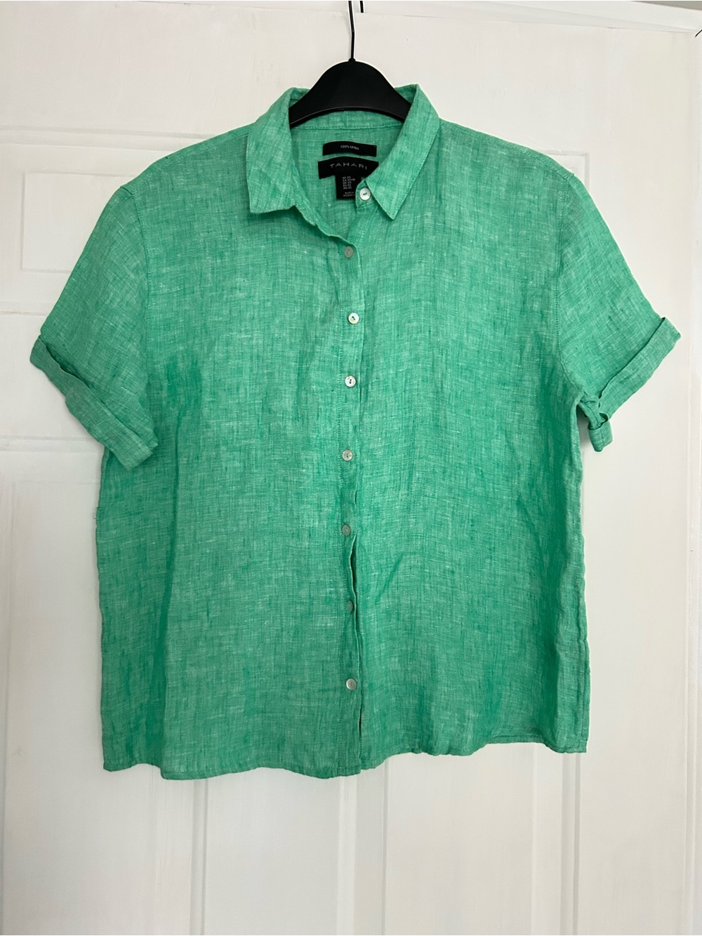 Tahari Mint Green Linen Button-Down Short Sleeve Shirt